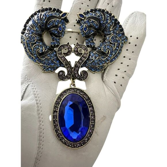 old money glam retro large‎ 4'' double Horse rhinestone State pin brooch 4 x 3'' - Picture 11 of 13